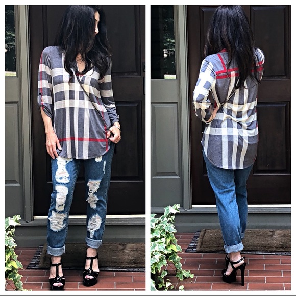 ✨LAST ONE ✨Plaid grey roll up sleeves tunic top - Picture 5 of 8